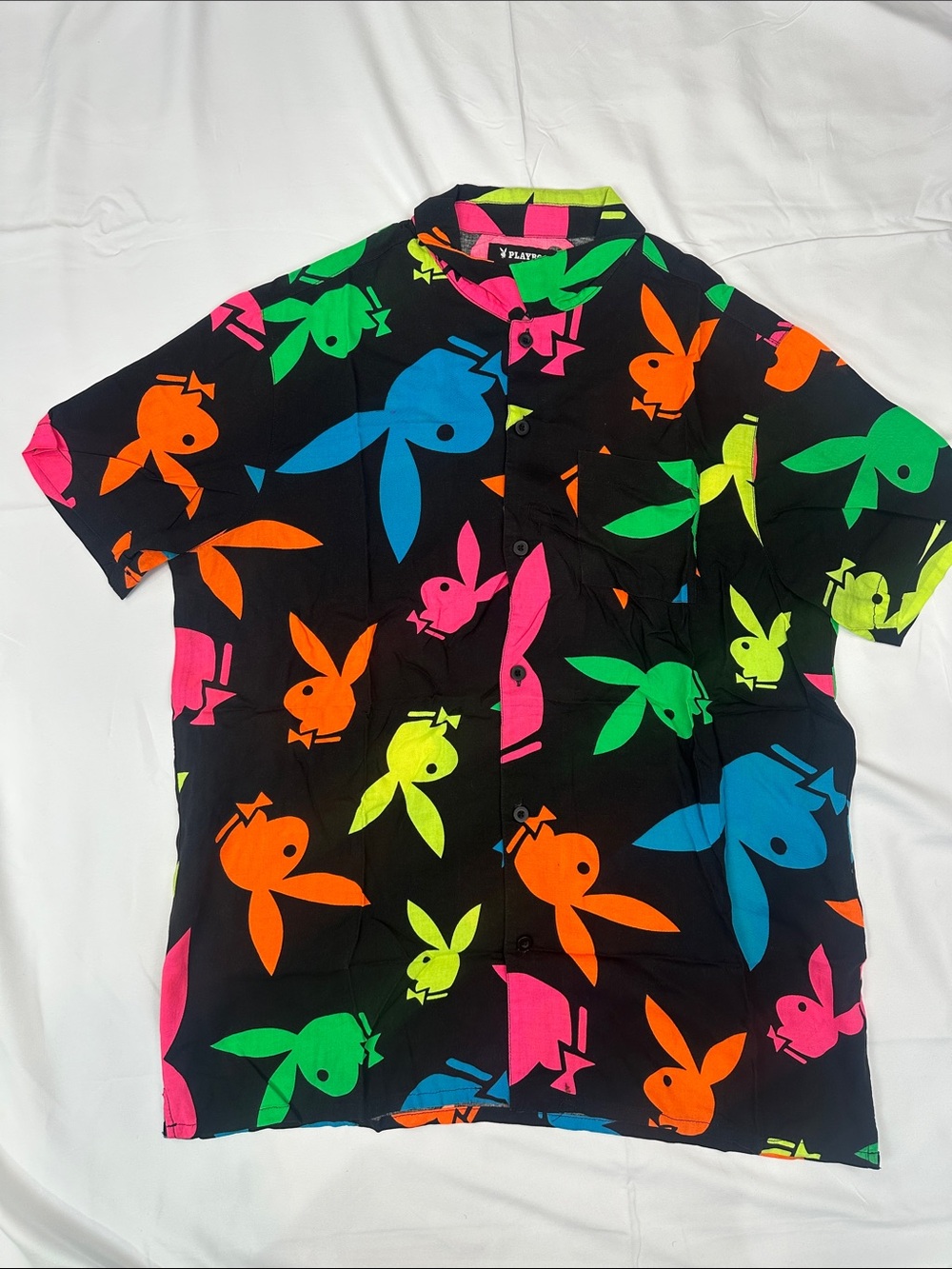PacSun Black Short-Sleeve Button-Up Shirt with Neon Bunny Print